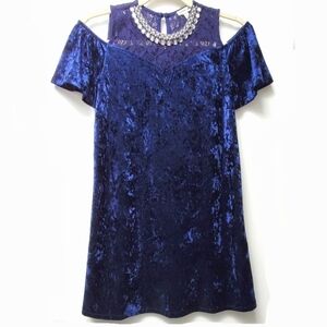 Monteau Girls Blue Velvet Lace Pearls Rhinestones Festive Party Dress Size 12